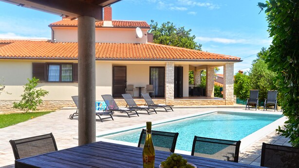 A poolside area with a wooden table, a bottle of wine, and a plate of grapes. - Villa 2273/75669 (Istria - Liznjan), 800m from the beach (Liznjan)