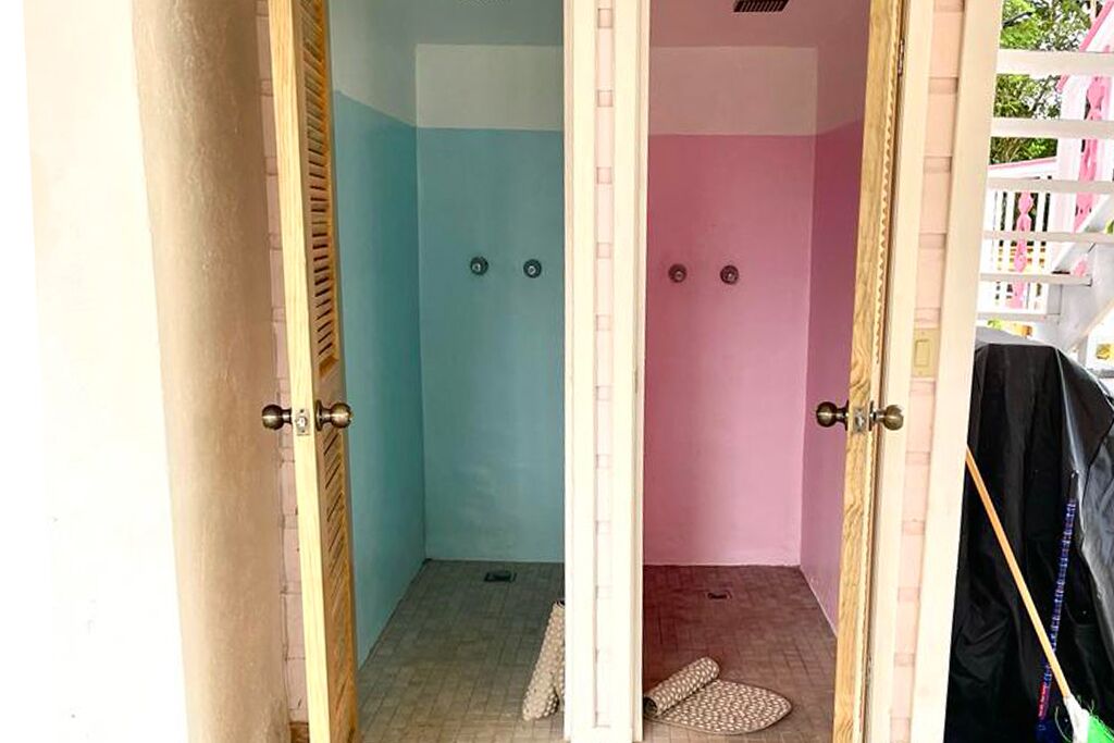 Ein Badezimmer mit zwei Türen, eine zum Duschbereich und die andere zur Toilette.
