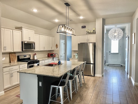 Fridge, microwave, oven, stovetop. Whole home! 3BR/2BA Family-Friendly Rental Near Austin Airport–Great Amenities!