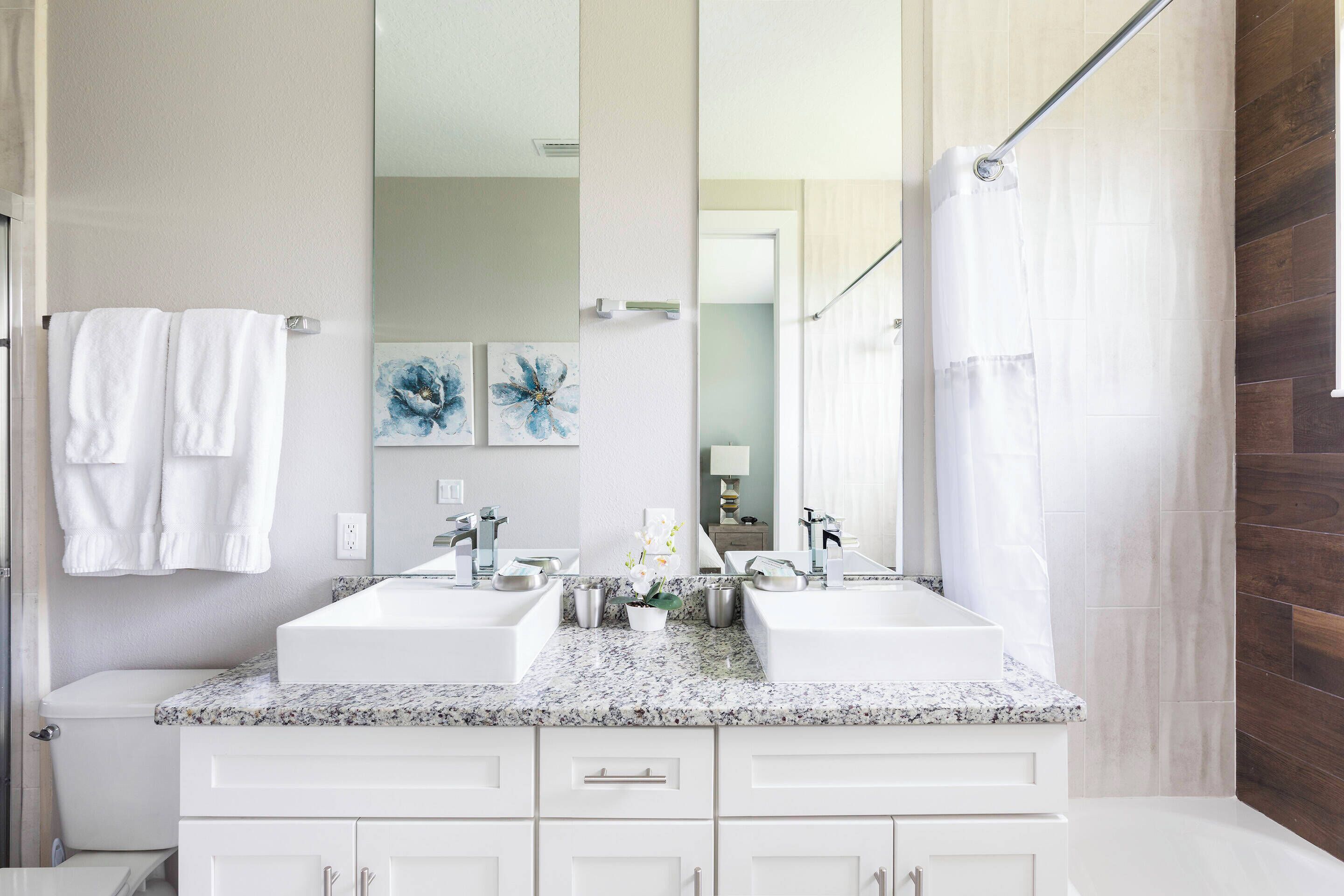 A bathroom with two sinks, a large mirror, and a shower curtain.