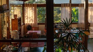 Une pièce chaleureuse avec une grande fenêtre, un plafond en bois, une table ornée d’une plante et un luminaire suspendu.