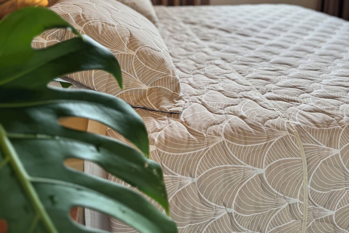 A neatly made bed with a patterned bedspread, a bedside lamp, and a view of greenery through a window.