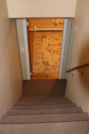 A staircase leading to a room with a patterned rug.