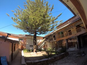 Un patio con un gran árbol, edificios con balcones y un muro de piedra.