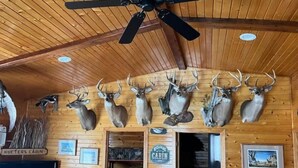 A cabin interior with a ceiling fan, mounted deer heads, a television, and a sign reading "Welcome Cabin". - Country cabin life (Bellevue)