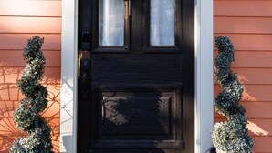 Une porte d’entrée noire ornée d’une guirlande, deux plantes en pot et une boîte aux lettres.