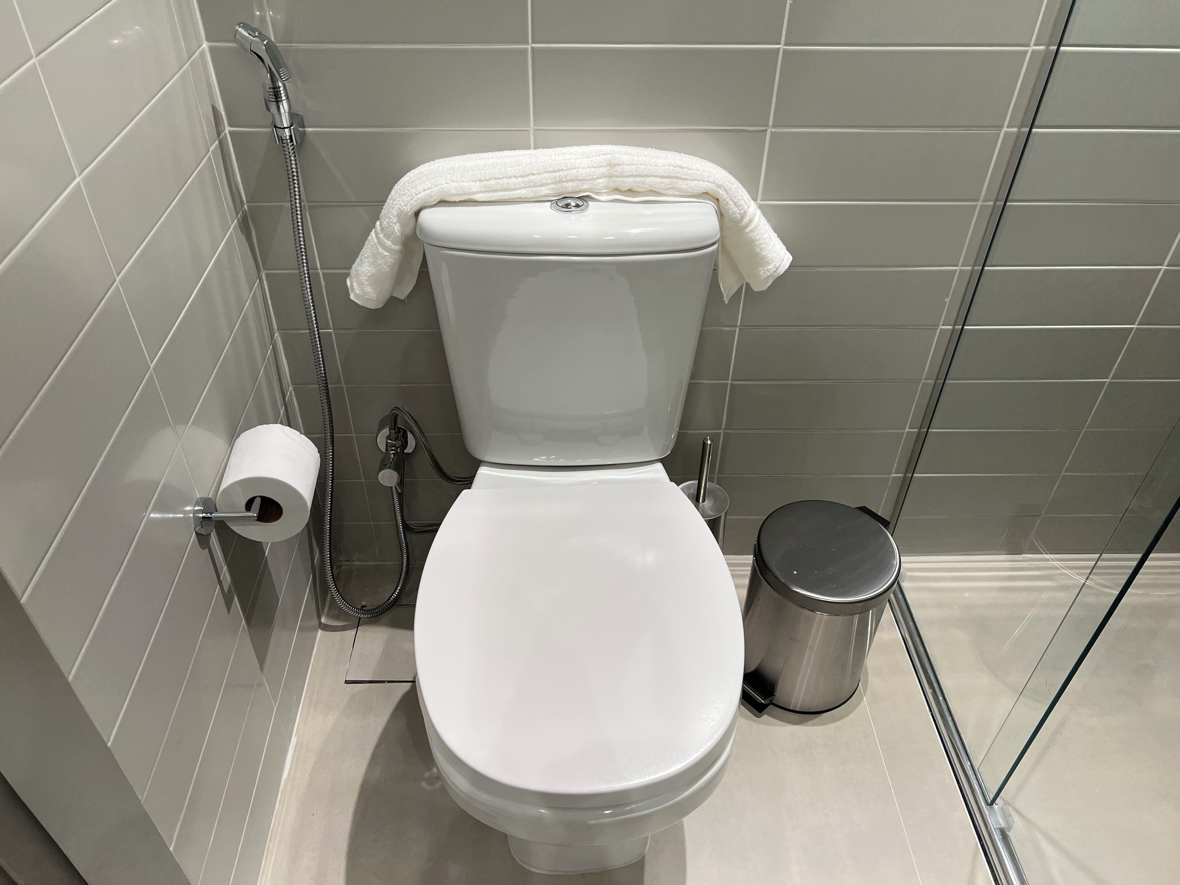 Un water con il coperchio bianco, carta igienica, un tubo per la doccia e un cestino.