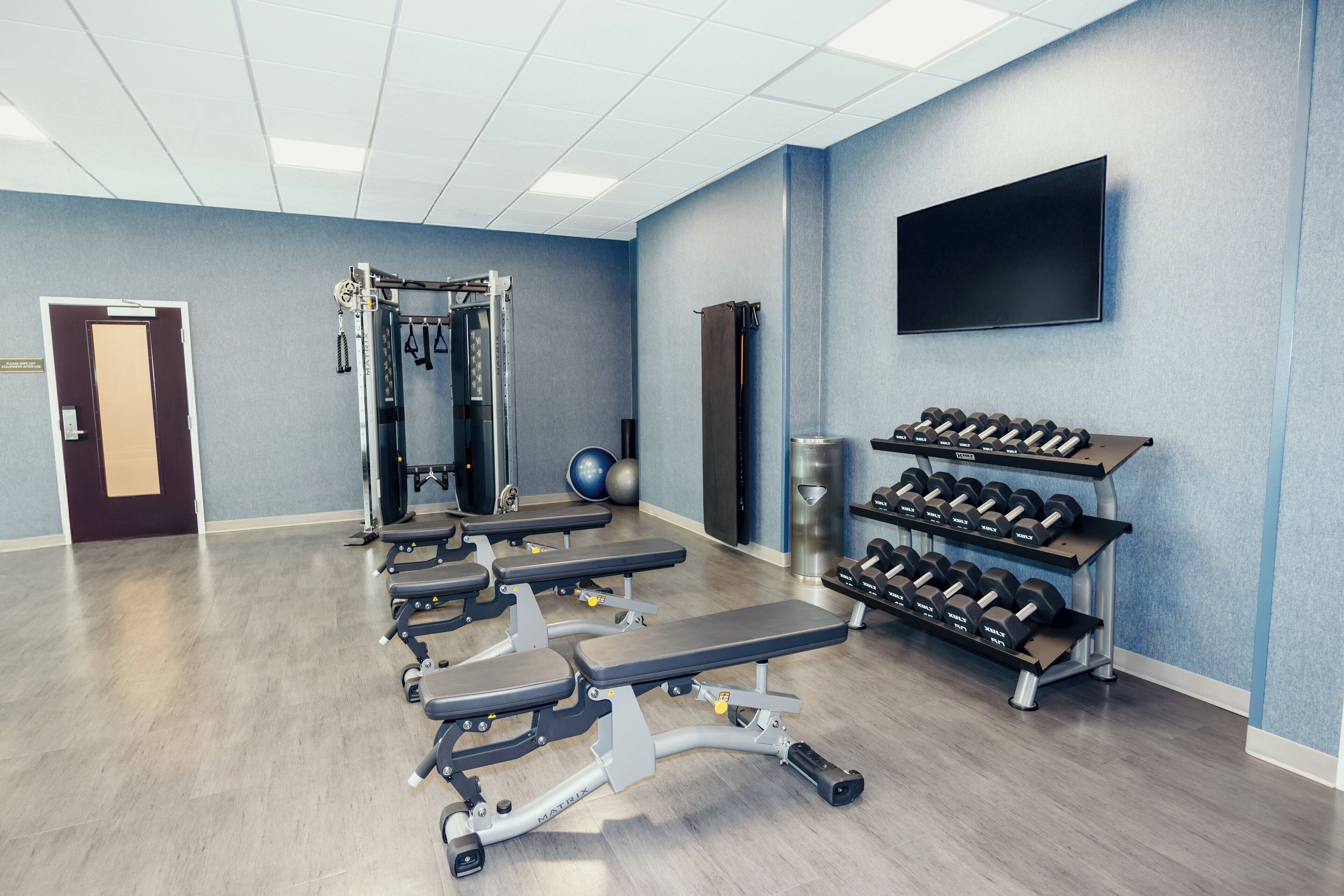 A gym with weight benches, dumbbells, a squat rack, and a TV on the wall.
