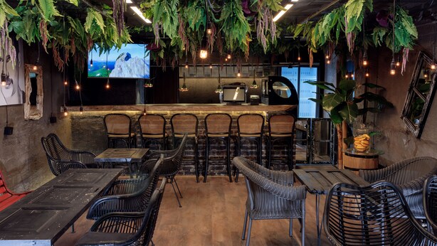 Una zona de bar rústica con sillas de mimbre, una mesa de madera, plantas colgantes y una pantalla de televisión.