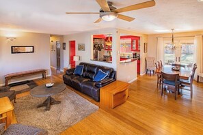 Smart TV, fireplace, DVD player, foosball