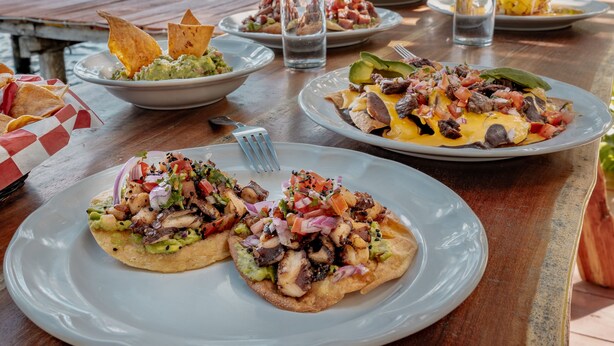 Una mesa con diversos platos y bebidas, con vista a un cuerpo de agua.