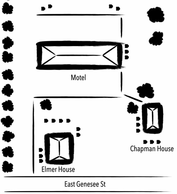 A simple layout of a motel, Elmer House, and Chapman House on East Genesee St. - The Gate (Skaneateles)