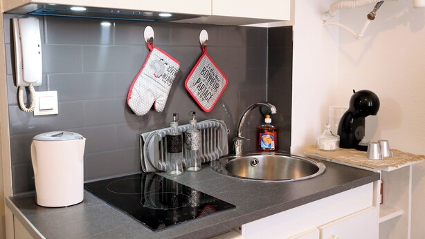 A modern kitchen with a built-in stove, a sink, and a coffee maker. - THE ISLE PARADISE (Saint-Quentin)