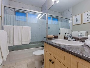 Shower, hair dryer, shampoo