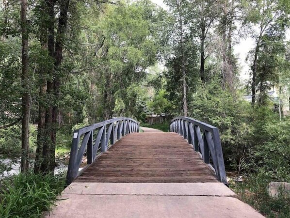A wooden bridge with metal railings in a forested area. - Aspen Downtown with Patio, Fireplace, Parking, W/D (Aspen)