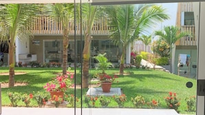 A view from a room with a large window overlooking a well-maintained garden with palm trees, potted plants, and flowers.