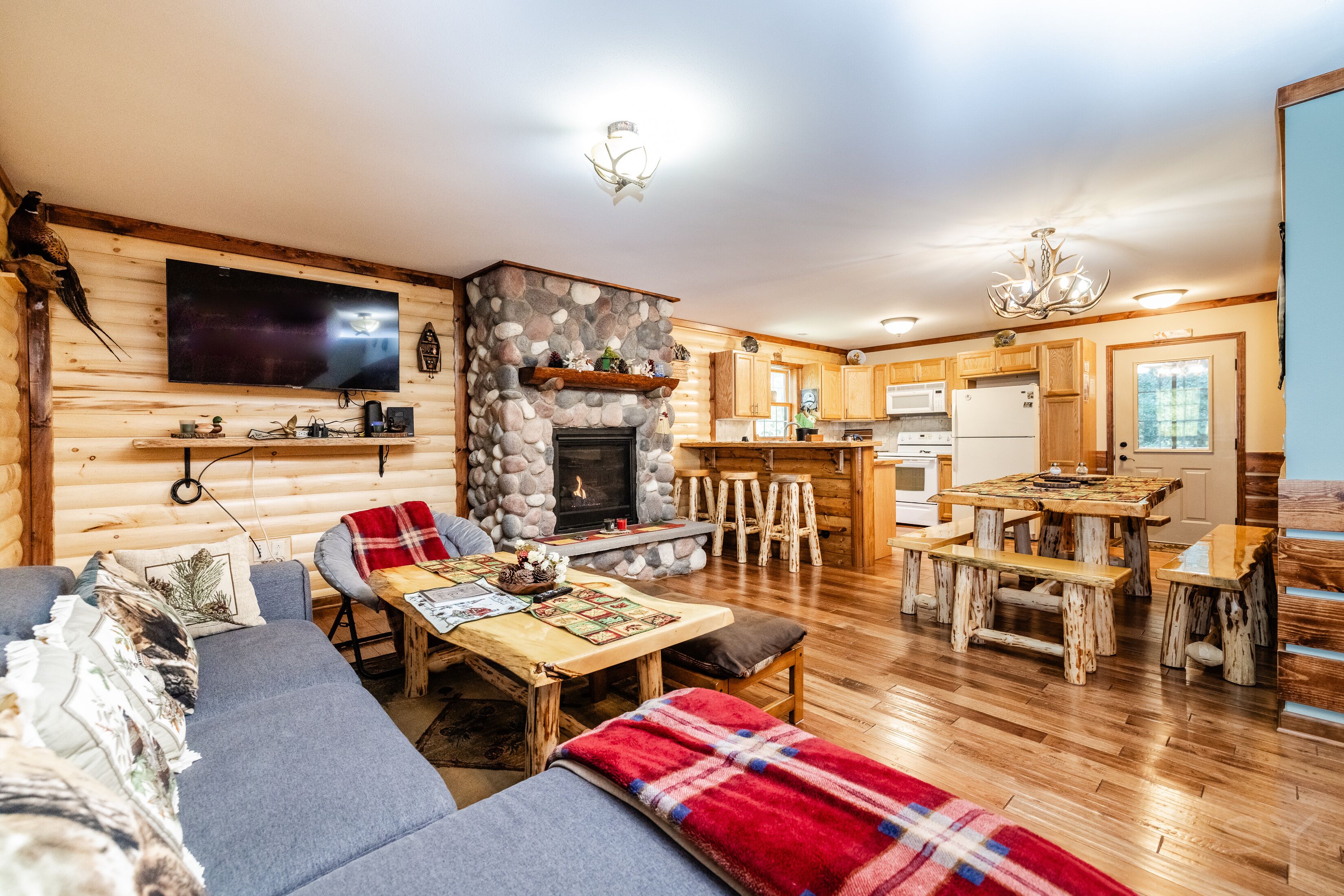 TV, fireplace, table football