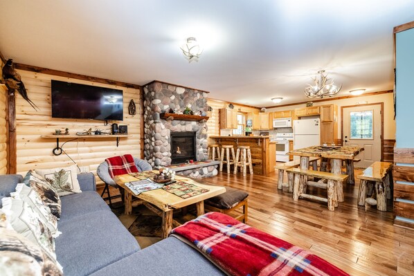 TV, fireplace, table football