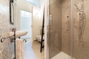 Shower, hair dryer, bidet, towels