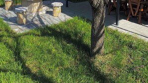 Eine Terrasse mit Steintisch und -stühlen, umgeben von einem Baum und einer Pergola.