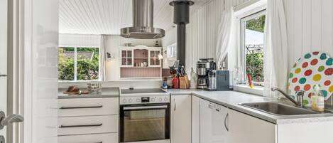 Fridge, stovetop, dishwasher, coffee/tea maker