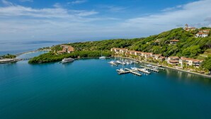 A coastal marina with multiple boats docked, surrounded by lush greenery and residential buildings. - Beach Front Condo steps from beach (Roatan)