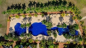 An aerial view of a rectangular swimming pool with two distinct sections, surrounded by palm trees and a brick border. - Beach Front Condo steps from beach (Roatan)