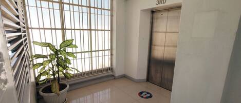An interior hallway with a potted plant, a window with bars, a tiled floor, and an elevator marked '3RD'.