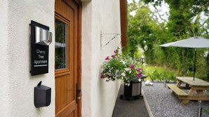 Une porte sur laquelle est apposée une plaque indiquant « Appartement Cherry Tree », une boîte aux lettres et un jardinier avec des fleurs roses.