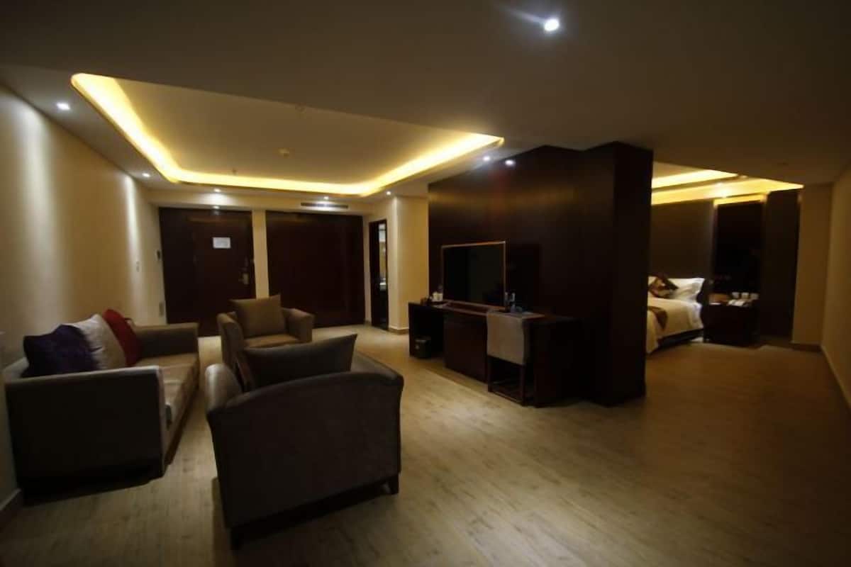 Una habitación de hotel moderna con zona de estar, cama y televisor.