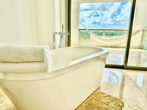 Hair dryer, towels, soap, shampoo