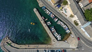 An aerial view of a coastal area with a marina, boats, and buildings along the shore. - 1BR Seafront Apartment Sanja Karlobag, Karlobag, Croatia (Karlobag)