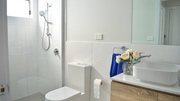 Shower, hair dryer, towels, shampoo