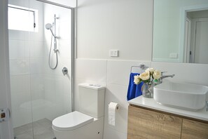 Shower, hair dryer, towels, shampoo