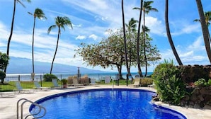 Una piscina con vista al océano y palmeras.