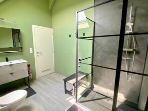 Regadera, secadora de cabello, toallas, papel de baño 