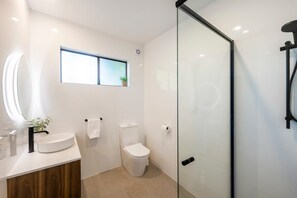 Shower, hair dryer, towels