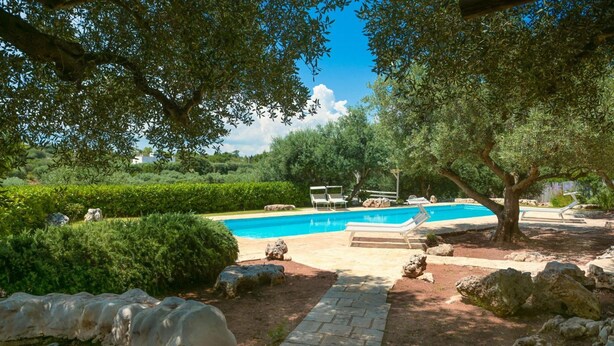 A swimming pool surrounded by trees and rocks, with a paved walkway leading to it. - Trullo Agapanthus (Ostuni)