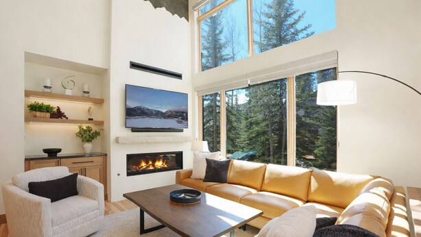 A modern living room with a fireplace, a sofa, a coffee table, and a TV.