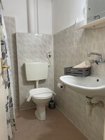 Un baño con inodoro, lavamanos y ducha.