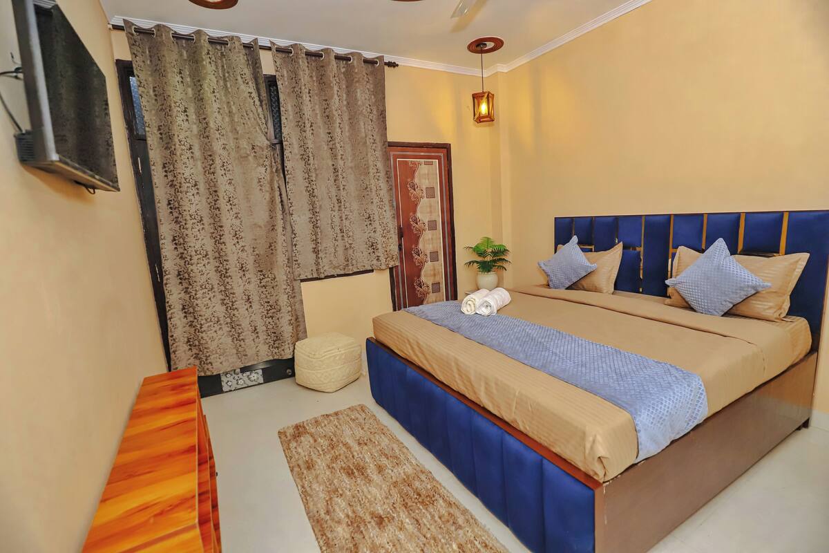 Un dormitorio con cama, cortinas, televisor y una planta pequeña.