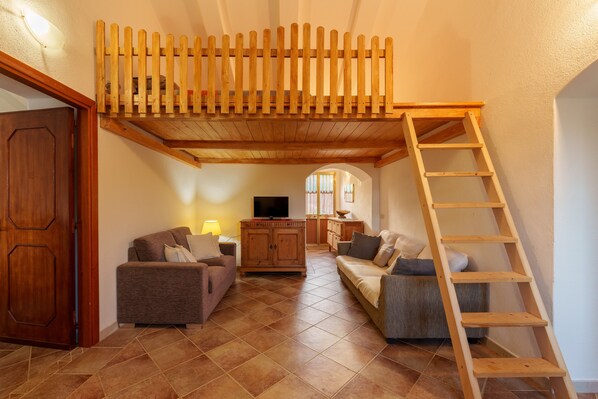 A loft bedroom with a wooden ladder, a TV, and two sofas.