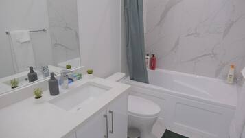 Shower, hair dryer, towels, soap