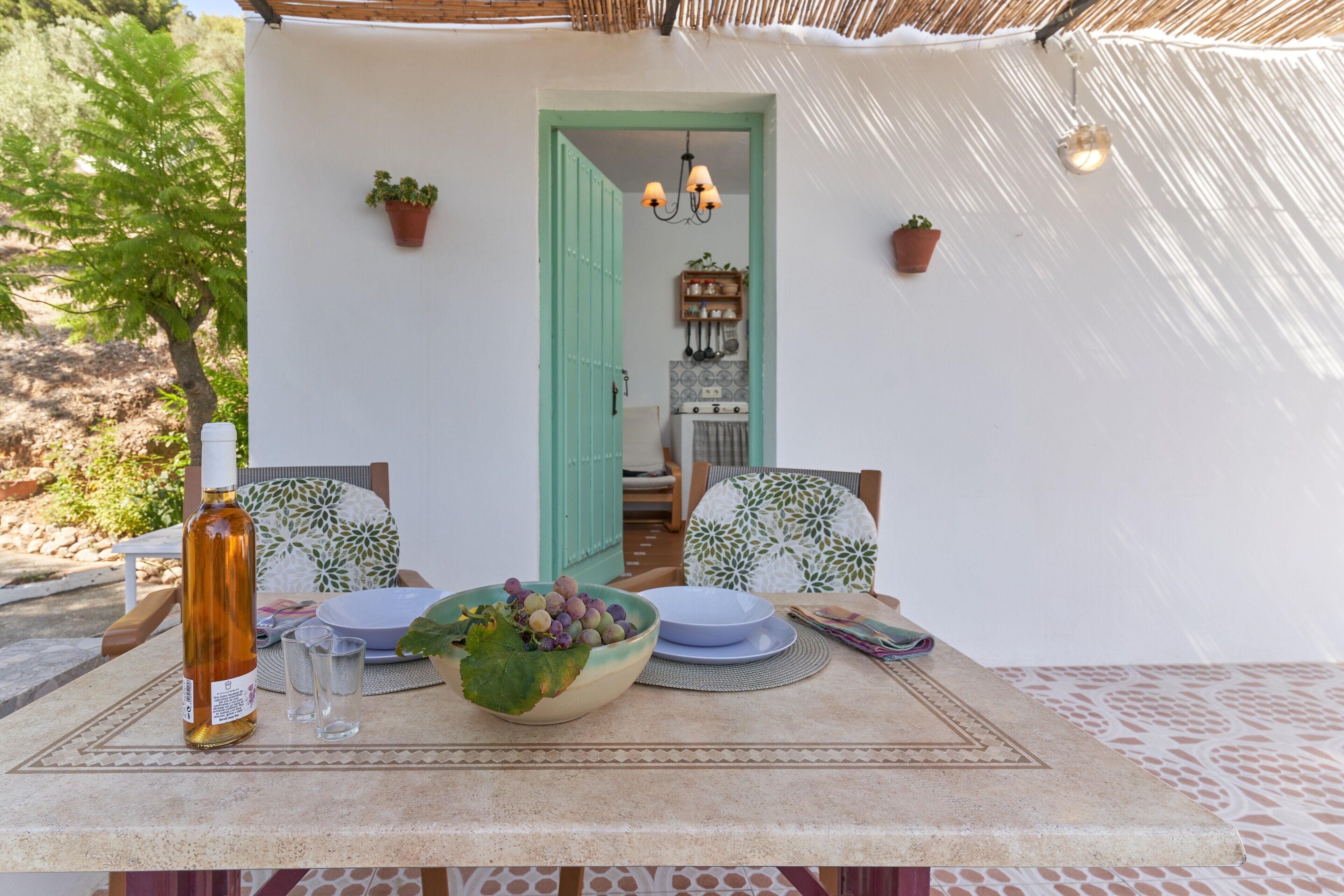 Une table dressée avec une bouteille, des verres et un saladier de fruits, dans une pièce dont la porte est verte et où se trouvent des plantes en pot.