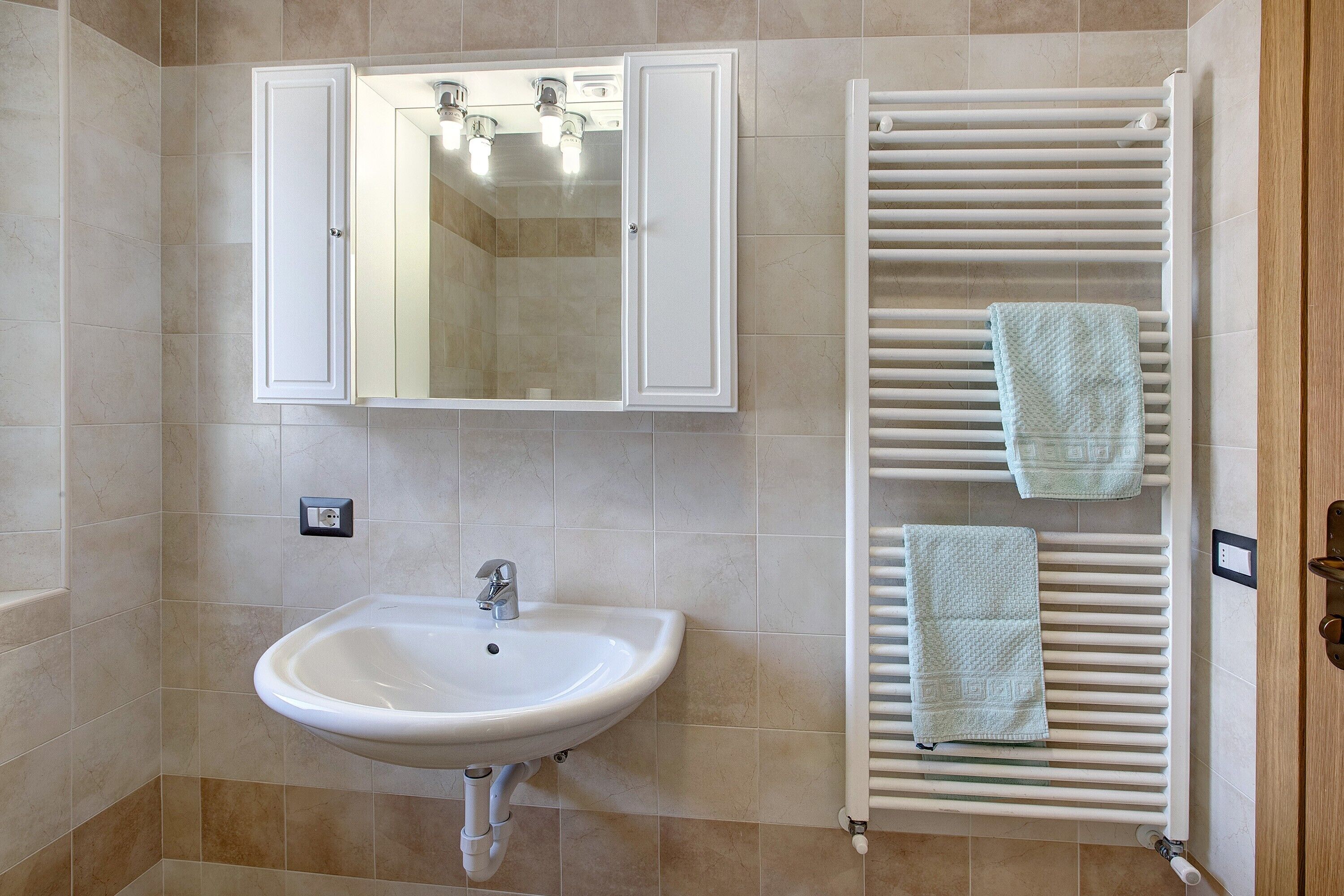 Een badkamer met een wastafel, spiegel, handdoekhouder en een witte deur.