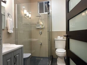 Eco-friendly toiletries, hair dryer, towels