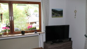 A room with a large window, a flat-screen TV on a wooden stand, a radiator below the window, and a small plant on the windowsill. - Holiday Home Rehsiepen near Winterberg (Schmallenberg)