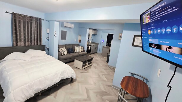 A modern bedroom with a large bed, a sofa, a small table, and a TV displaying a program. - Private Studio Apartment In Lewes (Lewes)