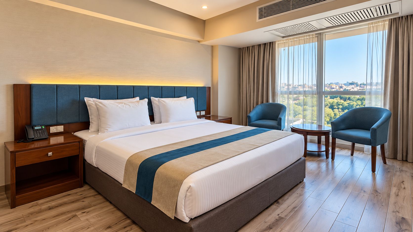 Ein Hotelzimmer mit einem großen Bett, Nachttischen, einem kleinen runden Tisch, zwei Stühlen und Blick auf die Stadt durch große Fenster.