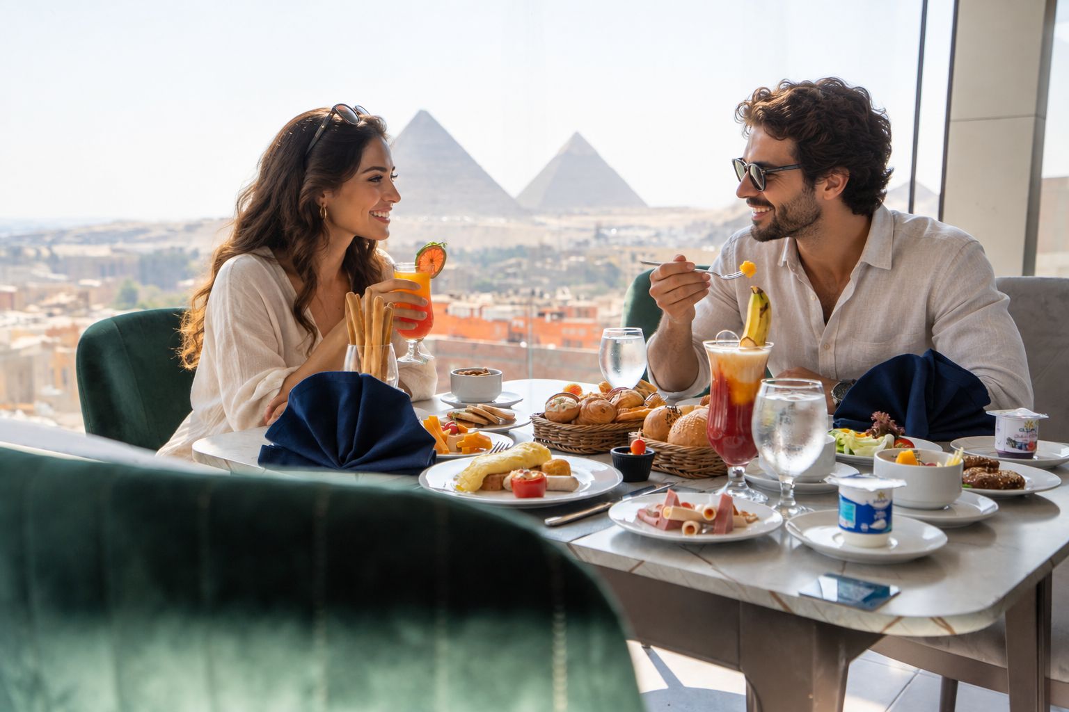 A dining table with various dishes and drinks, set against a backdrop of a cityscape and pyramids.